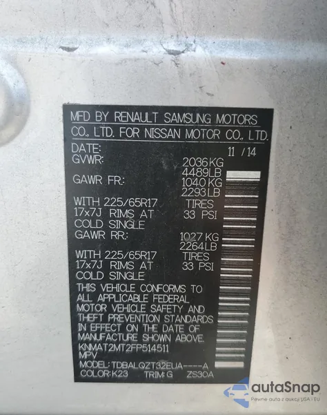 2015 Nissan Rogue S z USA, uszkodzony, nr VIN KNMAT2MT2FP514511